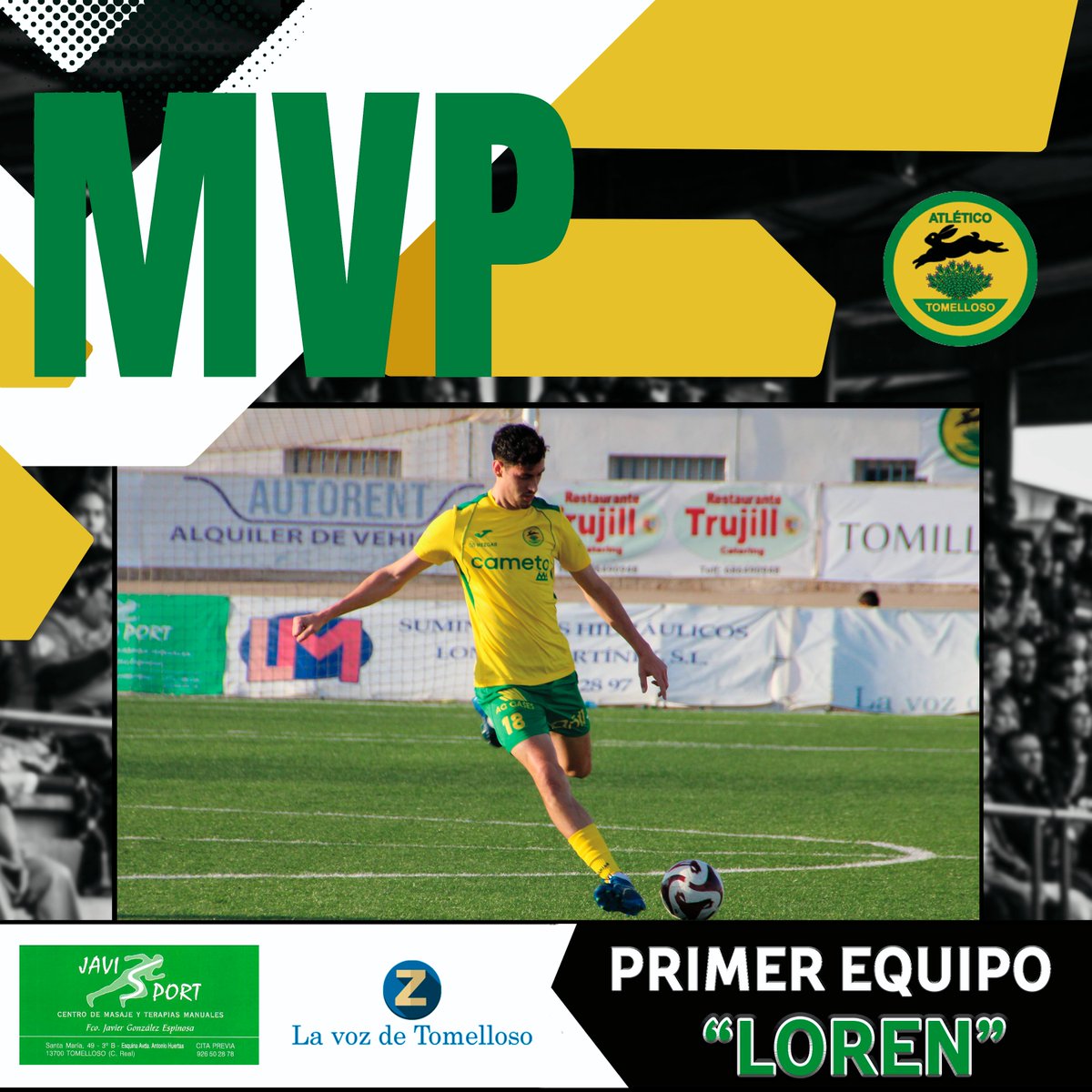 👉 MVP - PRIMER EQUIPO 👈

🥇 Loren <a href="/LorenMolinero10/">Loren Molinero</a>  

⚽ Bien posicionado durante todo el partido 💯, enlazando con los mediapuntas en ataque y dando seguridad en defensa en zona media baja 🔥. 

¡Enhorabuena! 🎉

#AtléticoTomelloso #PrimerEquipo #Mvp