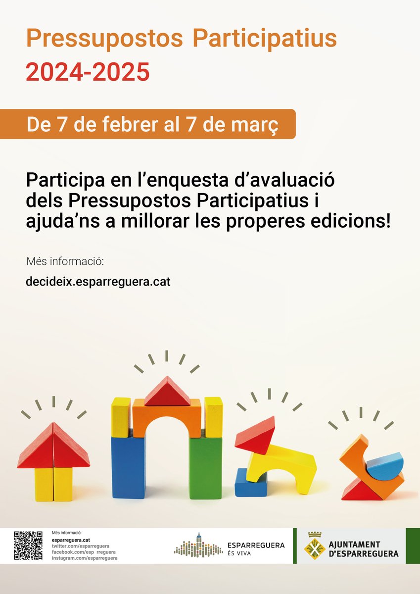 esparreguera's tweet photo. 📢 Obert el termini per a participar en l'enquesta de valoració dels #Pressupostos #Participatius 2024-2025 per a recollir les opinions de la ciutadania d'#Esparreguera #participacióciutadana

📅 Fins al 7 de març
💻 https://t.co/Ptr8dniYhh

👉 https://t.co/qcNvdO1Je0 https://t.co/KVVyXui8xx