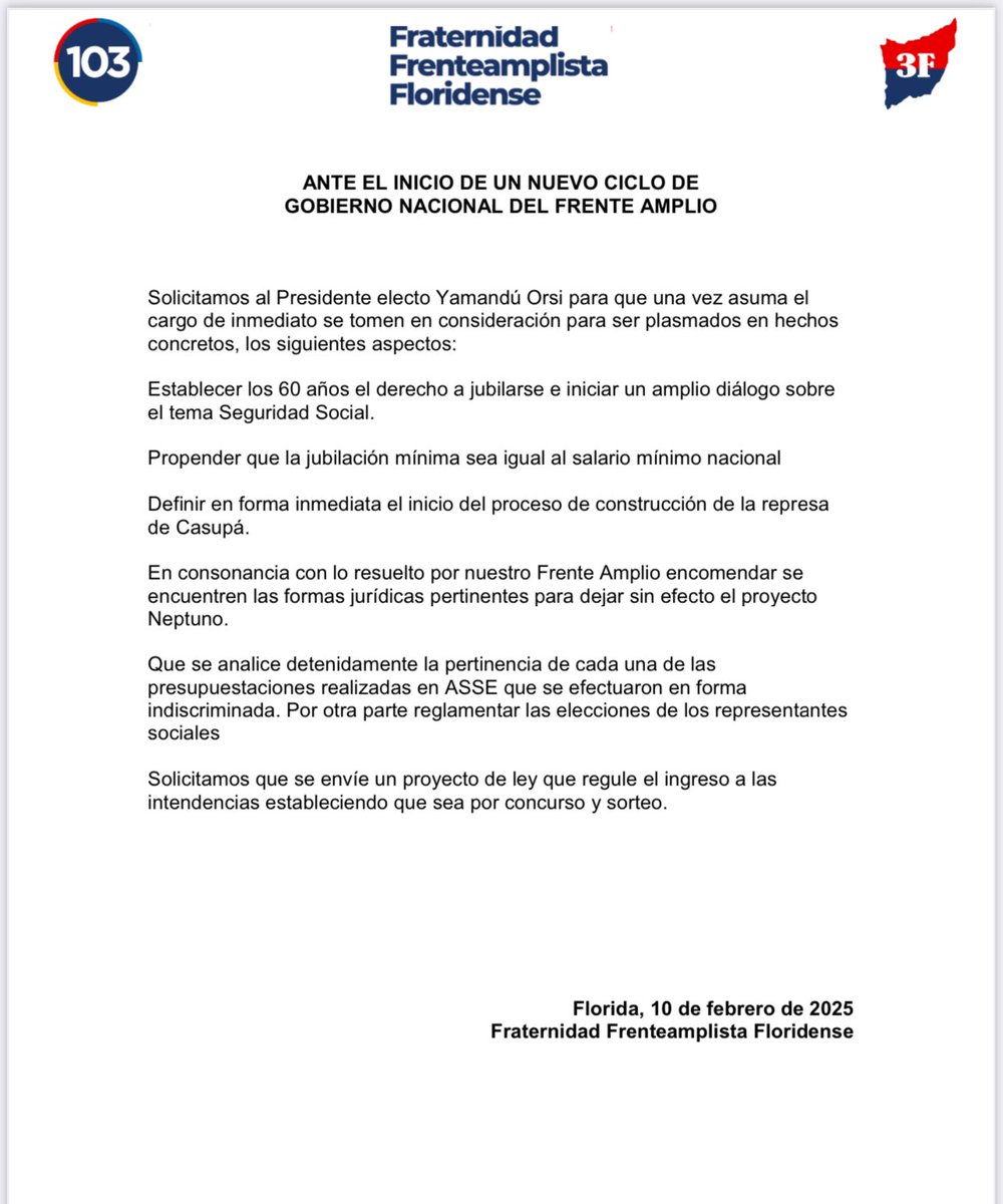 Comunicado de Fraternidad Frenteamplista Floridense