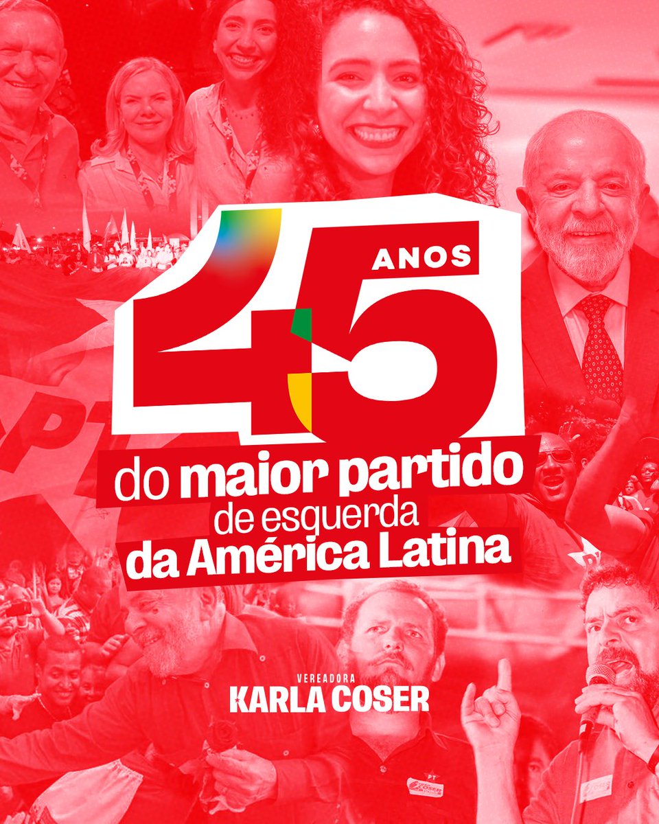 karlascoser's tweet photo. 45 anos do @ptbrasil ✨🤩🥳 meu partido do coração ❤️

Eu fico muuiiiito feliz em ser uma representante do partido que transformou a história do Brasil!

Venha você também fazer parte do Partido dos Trabalhadores! Bora filiar!?!🤝❤️⭐️ https://t.co/MFq7yao3vC