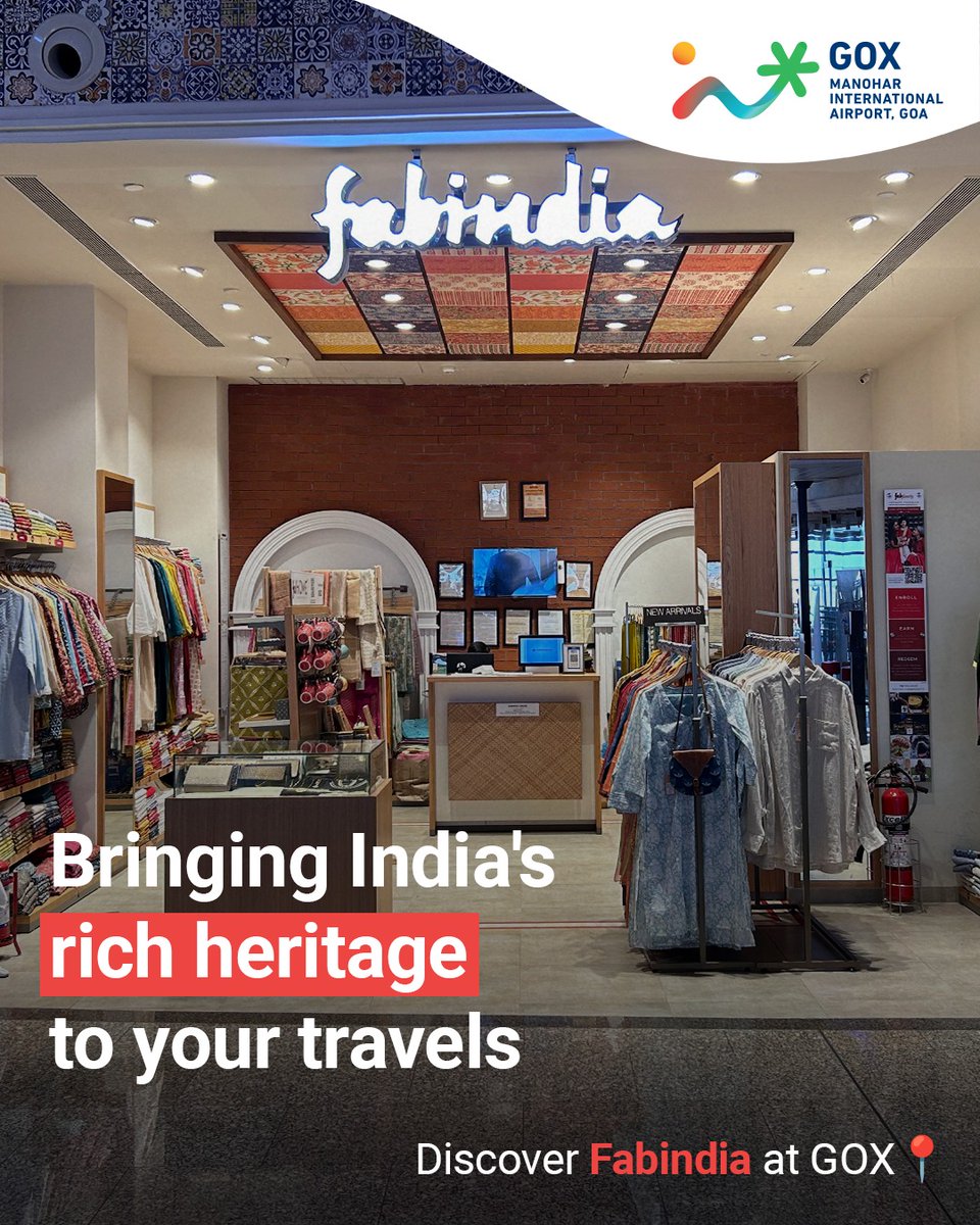 miagoaairport's tweet image. Explore the rich tapestry of Indian craftsmanship at Fabindia, now at Manohar International Airport!🛍️💖✨ 
Discover unique, handcrafted treasures to cherish your travels.  
From textiles to pottery, find a piece of India to take home. 

#Fabindia #flyGOX #feelGoa