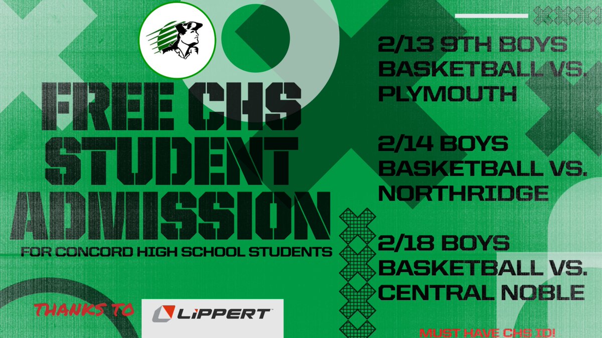 cminutemen's tweet photo. We are pleased to announce that there will be free admission for Concord High School students (grades 9-12 only) for home contests through Feb 18! See graphic below for included games.

Thanks to our friends at Lippert for making this possible! https://t.co/BQImc42zCr