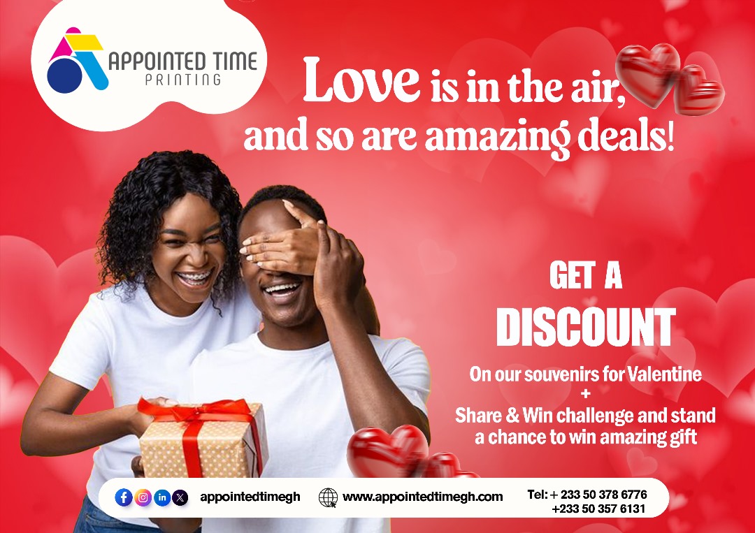 AppointedTimeGh's tweet photo. Hi,

Celebrate the season of love with exclusive discounts on all our printing services! From personalized gifts to corporate branding, we bring your ideas to life with quality and precision.

💌 Make this Valentine’s season extra special—order now!

📞 Contact us: +233 50 378 https://t.co/ZoS7lZP4D3