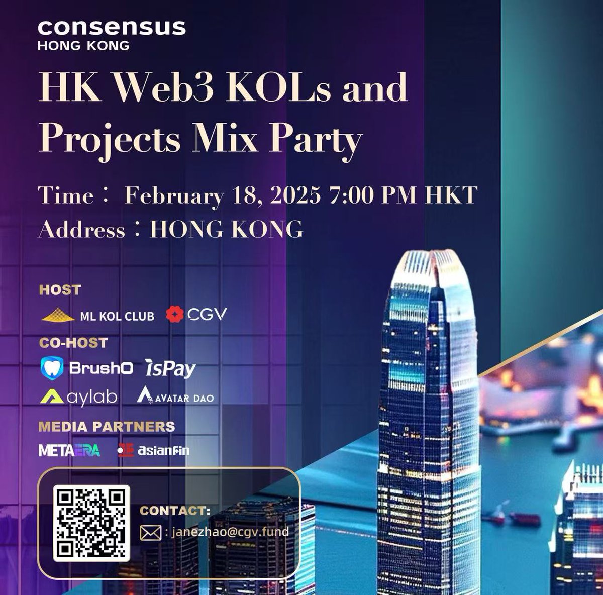 🎉 ML KOL CLUB &amp; CGV Present "HK Web3 KOLs and Projects Mix Party" | Consensus HK 2025  
📅 Date &amp; Time: February 18th, 7:00 PM - 10:00 PM (UTC+8)  
📍 Location: Hong Kong  
🔗 Registration Link: lu.ma/z4qncico  

During Consensus HK 2025, @MLKolClub and <a href="/CGVFOF/">CGV FoF</a> will