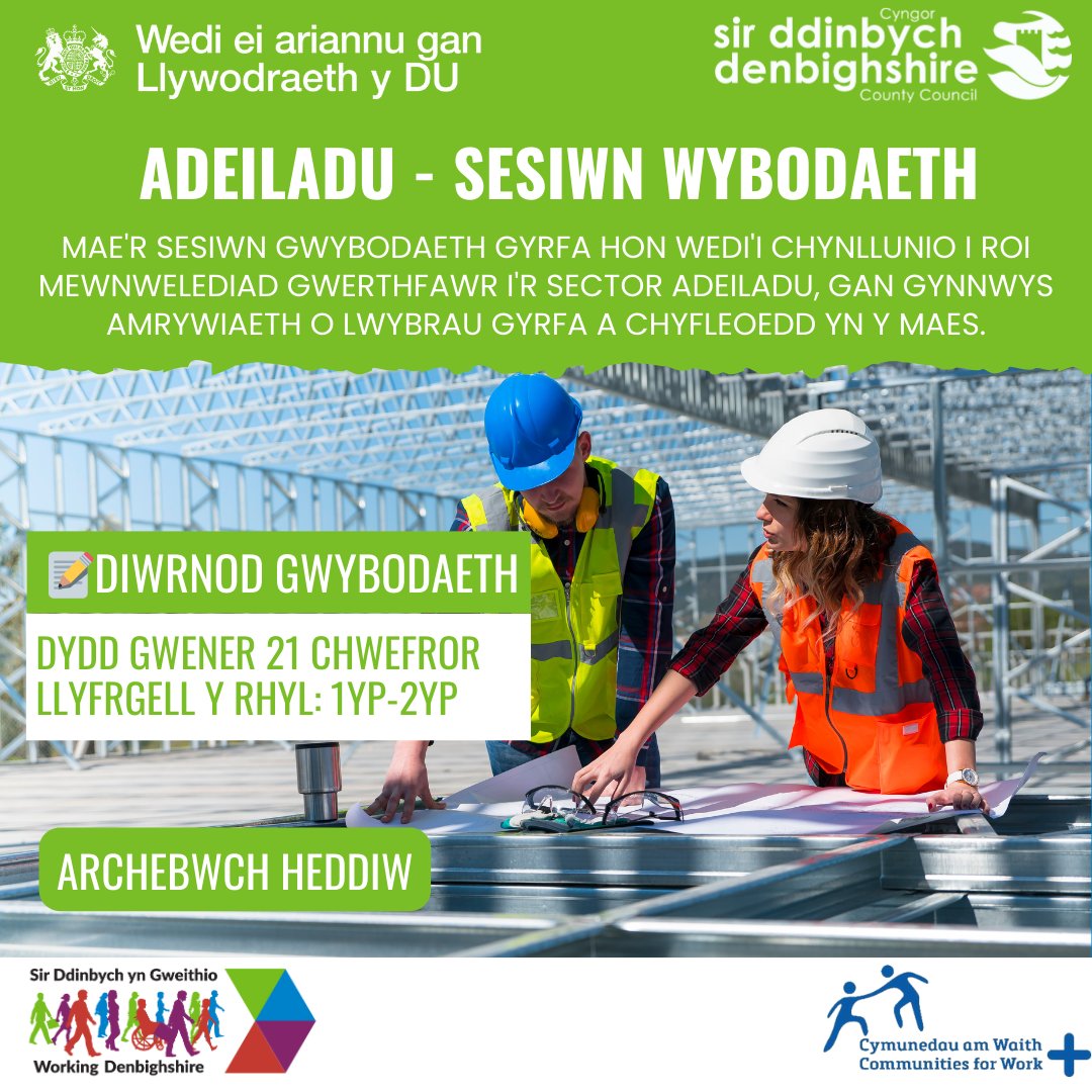 🏗️Creu Dyfodol ym Maes Adeiladu!🏗️
Ymunwch â’n Sesiwn Wybodaeth Adeiladu AM DDIM a dysgu am y cyfleoedd cyffrous sydd ar gael yn y diwydiant!
📅Dydd Gwener, 21 Chwefror
📍Llyfrgell, Amgueddfa a Siop Un Alwad y Rhyl
🕐1pm – 2pm
🎟️ow.ly/5cVU50UL4Lc