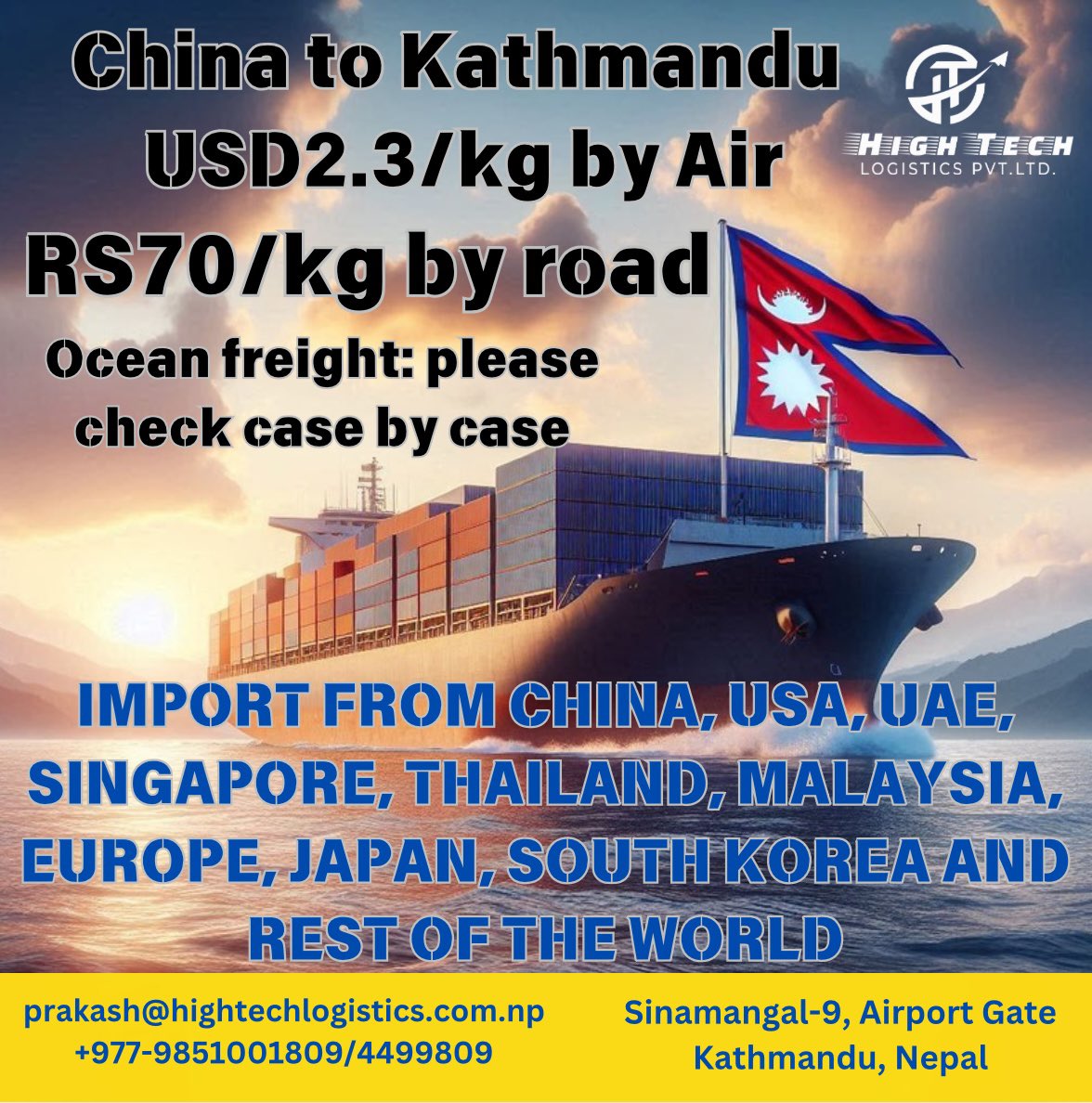ht_logistics's tweet photo. विश्वभरबाट नेपालका लागि आयात सेवा! 🚢✈️

✅ चीन, भारत, अमेरिका, दुबई, कोरिया, जापान, युरोप लगायत देशहरूबाट छिटो, सुरक्षित ढुवानी।
✅ मेशिनरी, इलेक्ट्रोनिक्स, फर्निचर, अटो पार्ट्स, मेडिकल उपकरण, DG Cargo, Project Cargo
✅ DDU/DDP डेलिभरी, हवाई, समुद्री, स्थलमार्ग सेवा https://t.co/eP1IuxwNDt