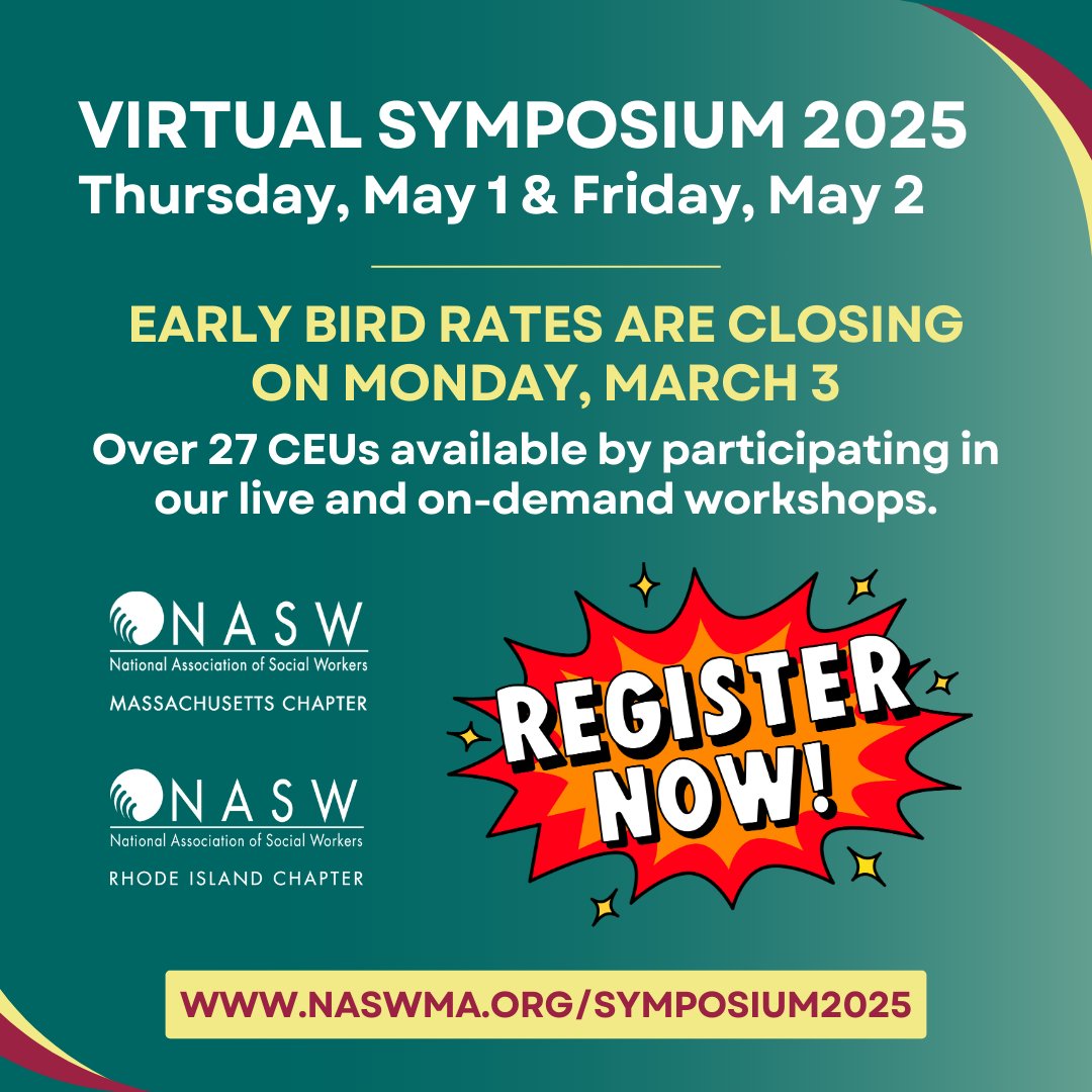⏳ Early Bird Rates End in One Month! ⏳ Have you registered for our Virtual Symposium 2025 yet? Take advantage of our reduced rates and register soon. This year Symposium offers over 27 CEUs for social workers. Secure your spot here: naswma.org/page/symposium…
