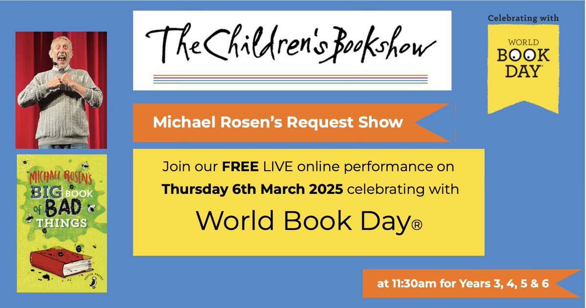 We're celebrating with <a href="/WorldBookDayUK/">World Book Day UK 📚</a> &amp; hosting a FREE, online poetry request show with <a href="/MichaelRosenYes/">Michael Rosen 💙💙🎓🎓 NICE 爷爷</a> on Thursday 6 March! Join us for 45 minutes of poetry inspiration &amp; joy, aimed at KS2 📚 Book your free spot👉bit.ly/40PYXaa #worldbookday #poetry #primaryschools
