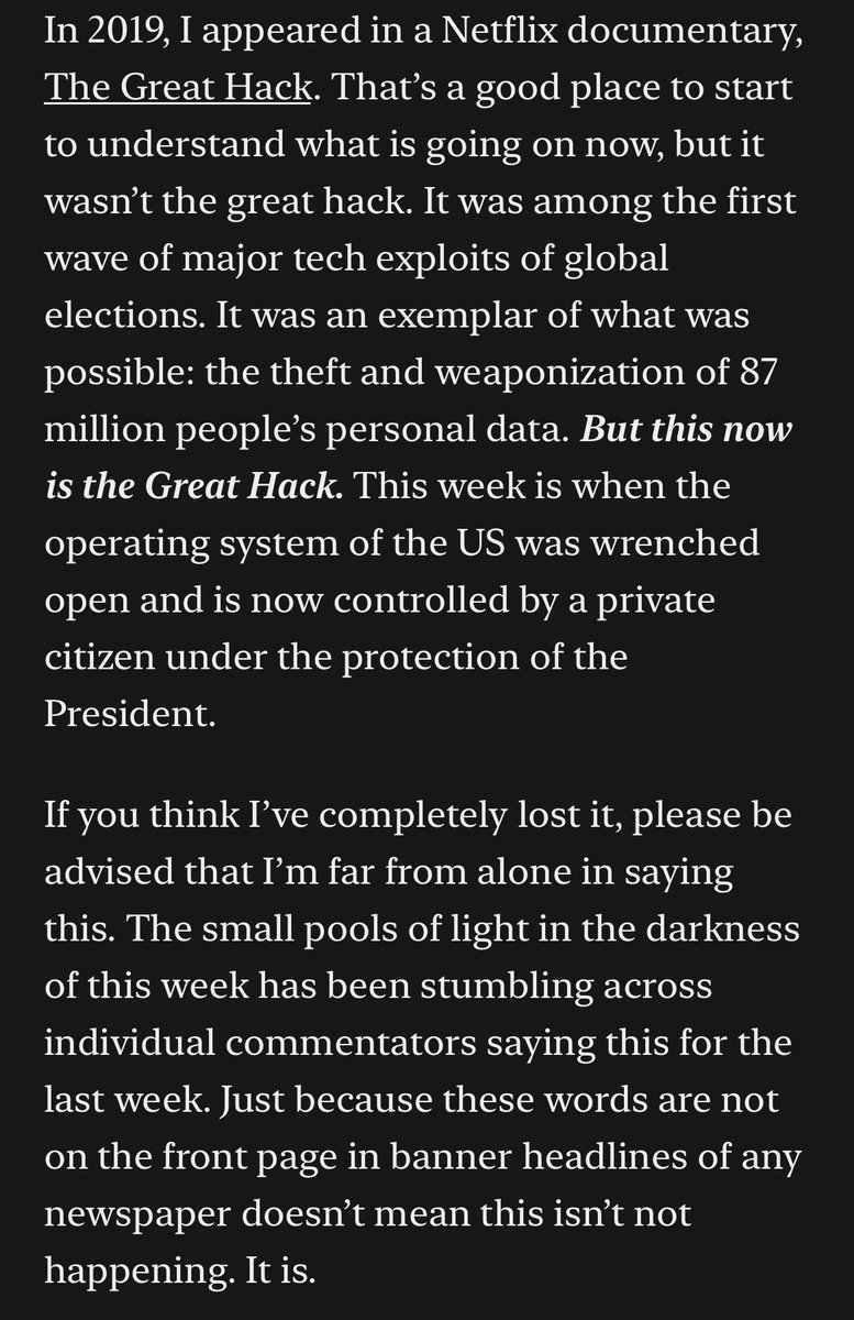 ChallandRomain's tweet photo. IT’S A COUP. 

« Musk, a private citizen, now has vast clouds of citizens’ data, their personal information and it seems likely, classified material. When data is out there, it’s out there. That genie can never be put back into the bottle. »  https://t.co/YqL8sFPQSz https://t.co/8lYXtm2IPP