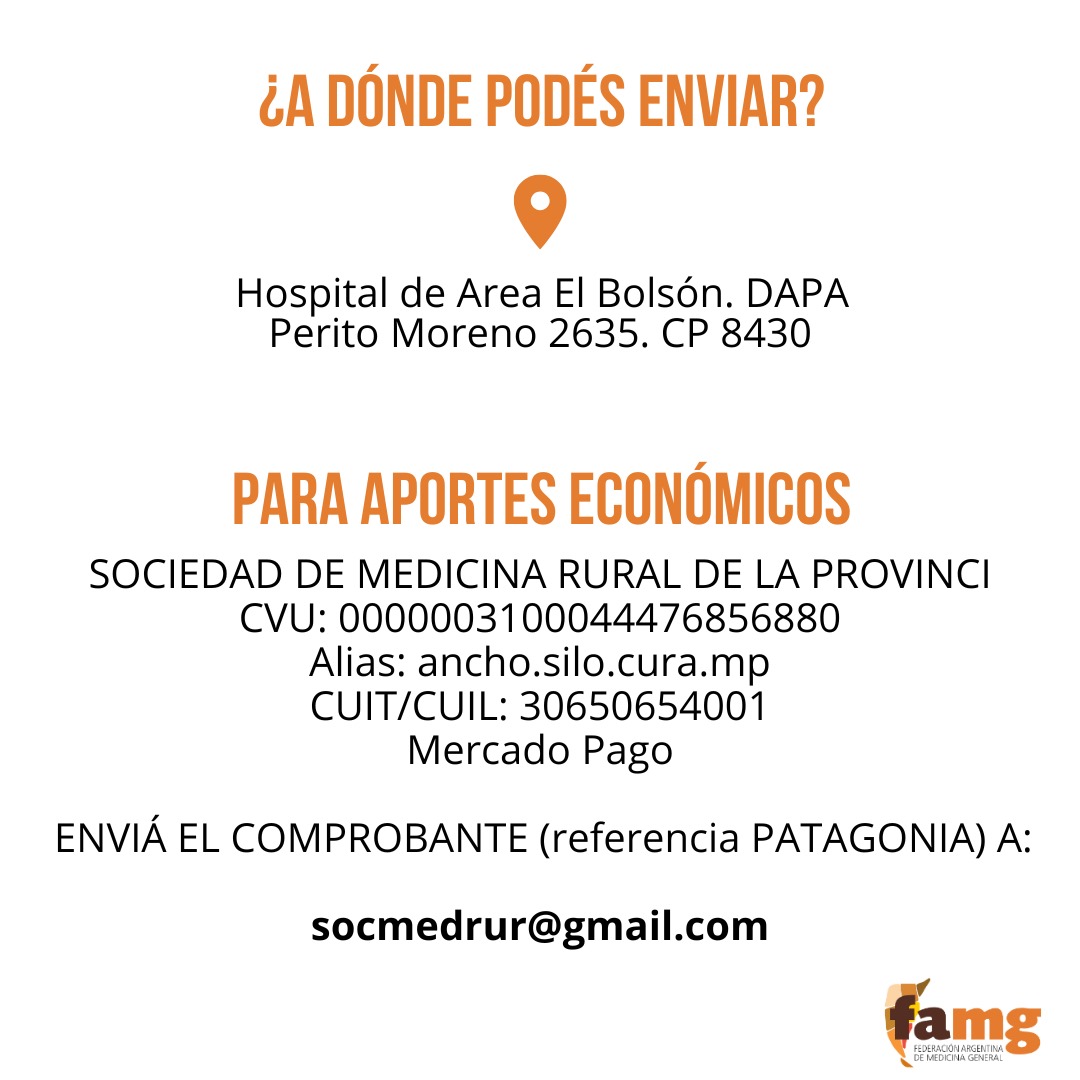 FAMedGral's tweet photo. Acompañemos a nuestrxs compañerxs de la Patagonia. Aportes económicos a SOCIEDAD DE MEDICINA RURAL PROVINCIA DEL NEUQUEN CVU 0000003100044476856880 Alias https://t.co/BjsEUOoFmY CUIT/CUIL 30650654001 Mercado Pago. Enviá el comprobante (referencia PATAGONIA) a socmedrur@gmail.com https://t.co/5T2fn1RZUg