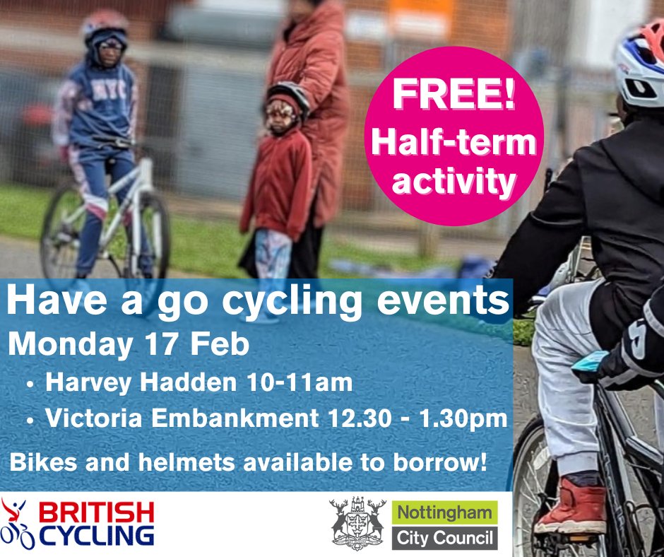 FREE half-term have a go at cycling events! Next Monday 17 February at Harvey Hadden and Victoria Embankment
🚲🚲🚲
Come along and learn to ride or build confidence with friendly sessions leaders - bikes and helmets are available to borrow if you can't bring your own along