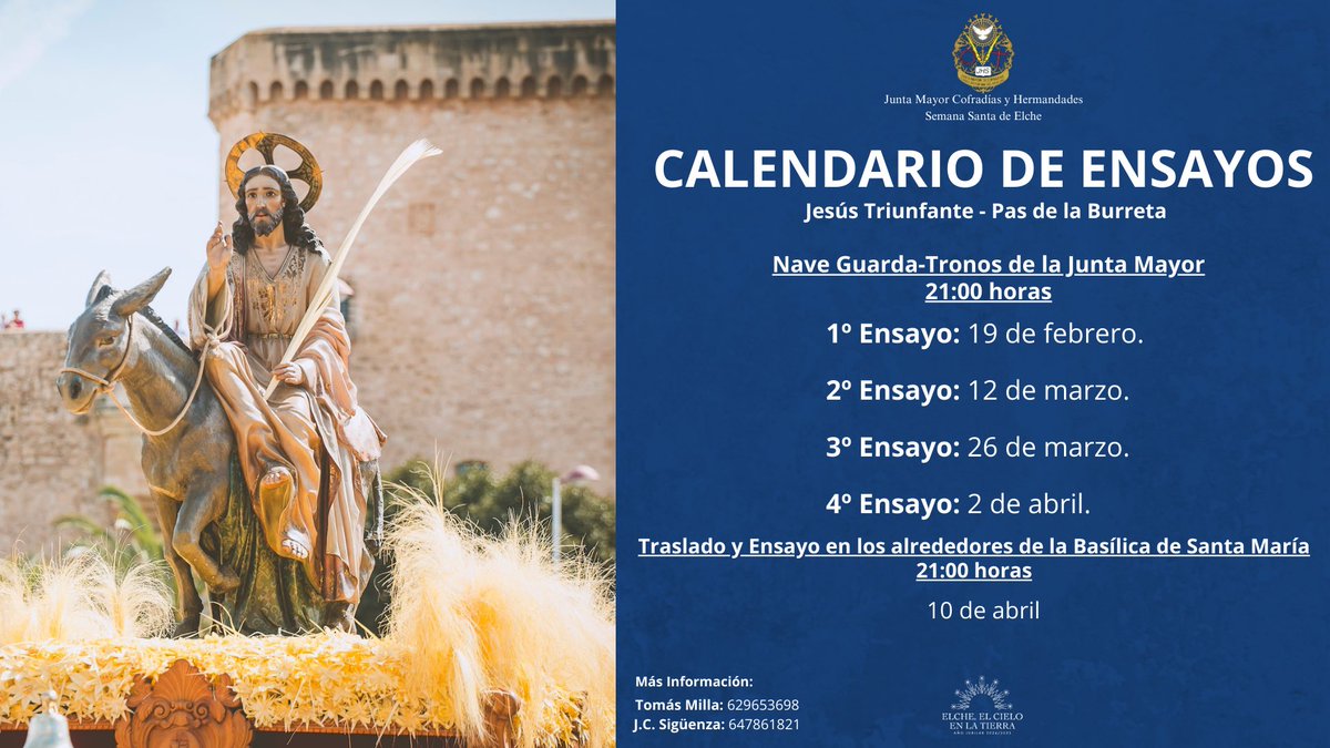 🔵𝗖𝗔𝗟𝗘𝗡𝗗𝗔𝗥𝗜𝗢 𝗗𝗘 𝗘𝗡𝗦𝗔𝗬𝗢𝗦 𝗝𝗘𝗦𝗨́𝗦 𝗧𝗥𝗜𝗨𝗡𝗙𝗔𝗡𝗧𝗘 - 𝗣𝗔𝗦 𝗗𝗘 𝗟𝗔 𝗕𝗨𝗥𝗥𝗘𝗧𝗔

#SemanaSantaElche 
#SemanaSanta 
#CofradiasYHermandades 
#DomingoDeRamos