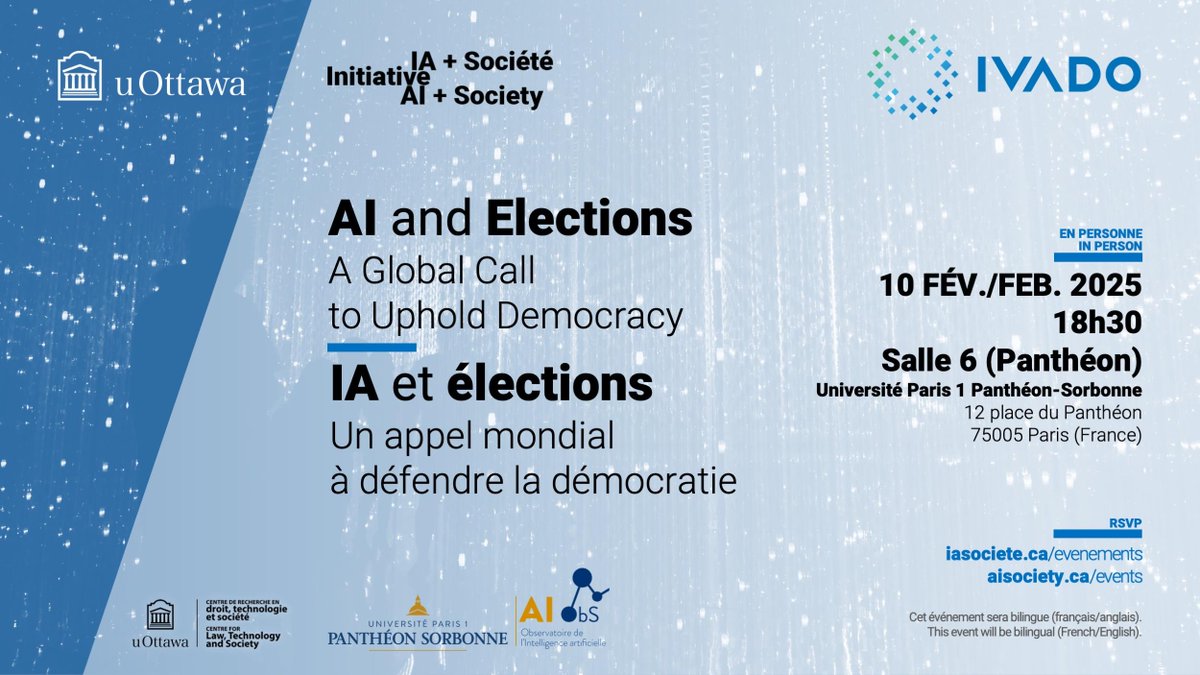 Minderoo Centre for Technology and Democracy (@mctdcambridge) on Twitter photo TODAY 💬 PANEL – AI and Elections: A Global Call to Uphold Democracy
In the margins of the AI Action Summit, <a href="/ginasue/">Prof Gina Neff</a>, @catherine_regis <a href="/f_mb/">Florian Martin-Bariteau ᴀᴋᴀ FMB</a> <a href="/czolynski/">Célia Zolynski</a> unpack 'AI in the Ballot Box', a new brief on upholding free and fair elections in the age of AI.
➡️ mctd.ac.uk/events/panel-a… TODAY 💬 PANEL – AI and Elections: A Global Call to Uphold Democracy
In the margins of the AI Action Summit, <a href="/ginasue/">Prof Gina Neff</a>, @catherine_regis <a href="/f_mb/">Florian Martin-Bariteau ᴀᴋᴀ FMB</a> <a href="/czolynski/">Célia Zolynski</a> unpack 'AI in the Ballot Box', a new brief on upholding free and fair elections in the age of AI.
➡️ mctd.ac.uk/events/panel-a…