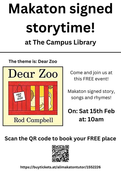 There are only a few spaces left for the free Makaton-signed Story Time, this coming Saturday (15 February) at The Campus Library.

To book your place, please use the following link:
buytickets.at/alimakatontuto…

@alipenningtonmakatontraining
#makatonsigning #makaton