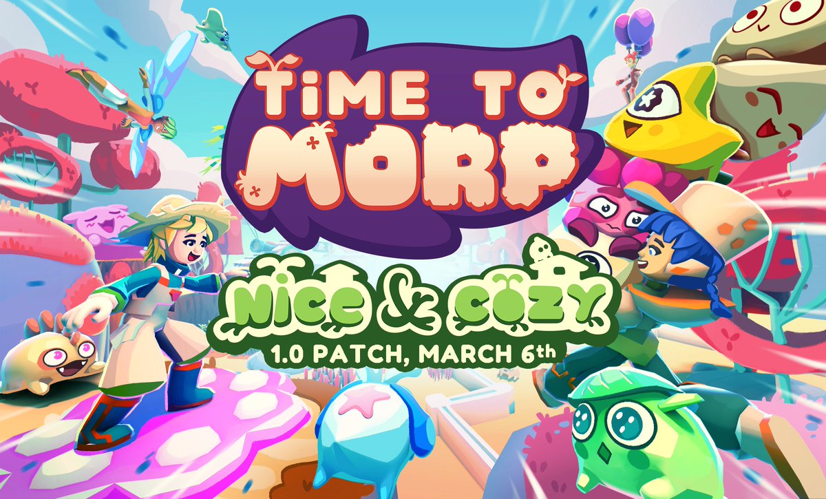 After a year of your amazing feedback, we're stoked to announce that Time to Morp Version 1.0 launches on March 6th, 2025!

We’ve got a ton of new features we’d love for you to try! More information here: store.steampowered.com/news/app/97751…

#cozygames #pcgames #indiegames #indiedev #gamedev