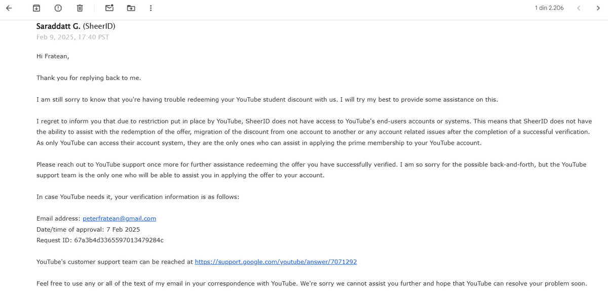 CODEREDFFS's tweet photo. @TeamYouTube 
There is nowhere else to reach you, since you don't care about customers paying for your product I have to post this here. Is this a game of ping pong? SheerID did their part so please do yours and troubleshoot mai renewal, I am a verified member, it's been a WEEK. https://t.co/BOSTbJbdAc
