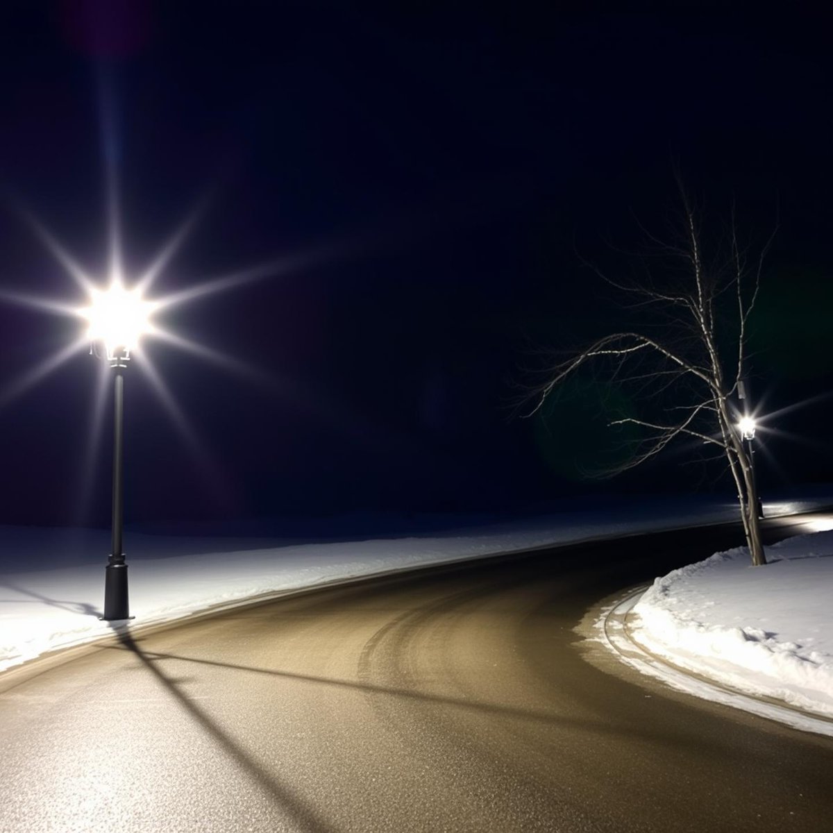 Katie1756313's tweet image. A serene winter night illuminated by streetlights casting long shadows on a quiet road. #WinterNight #StreetlightMagic #SnowyScenes
