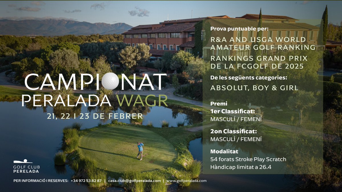 Obrim la nostra agenda de competicions! Del 21 al 23 de febrer rebem en el nostre Club el Campionat de Perelada WAGR. No t'ho perdis!

Inscripcions a golfperalada.com/proximes-compe…