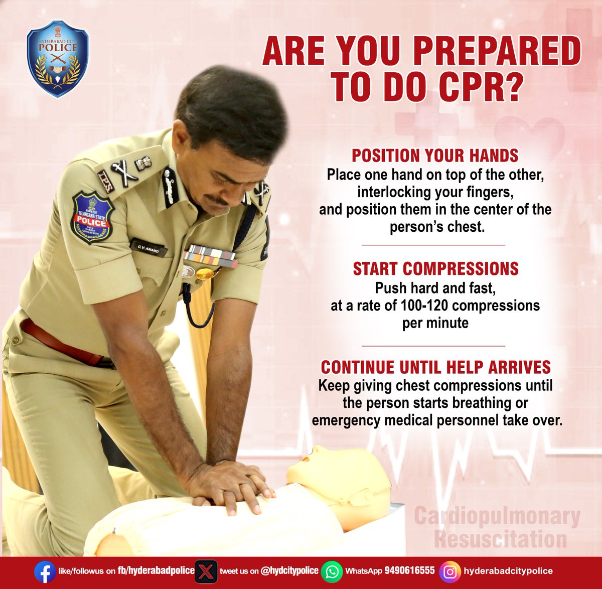 hydcitypolice's tweet photo. When a Heart Stops, Every Second Counts.
Take some time to learn #CPR. 
#StayPrepared #LearnCPR #BeTheLifeline https://t.co/IEDTrKzGEK