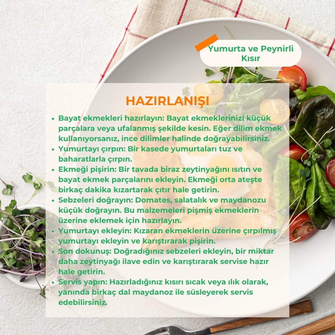 🍴 İsrafsız Mutfaklar için Kısır! 🥗
Bayat ekmek, peynir, sebze &amp; yumurtayla israfı önleyen lezzetli bir tarif hazırlayın! ♻️
✅ Malzemeleri değerlendirin
✅ Pratik &amp; besleyici öğün
✅ Gıda israfına son!
📌 Tarifi için görsellere göz atın! #ZeroWasteCooking