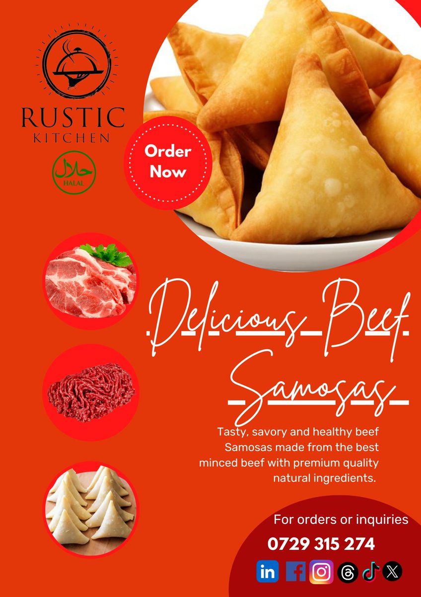 RusticKitchenKe's tweet photo. Have a bite of the best Samosas in Nairobi, Kenya.
Delicious Halal beef Samosas made from the best beef.
12 Raw 540/-
12 Cooked 660/-
Call, text or WhatsApp us on 0729 315 274 for orders or inquiries.
#Samosa #beef #snack #ChampionsTrophy 
#SuperBowl    #SuperBowlLIX https://t.co/7q7WGUHE3K