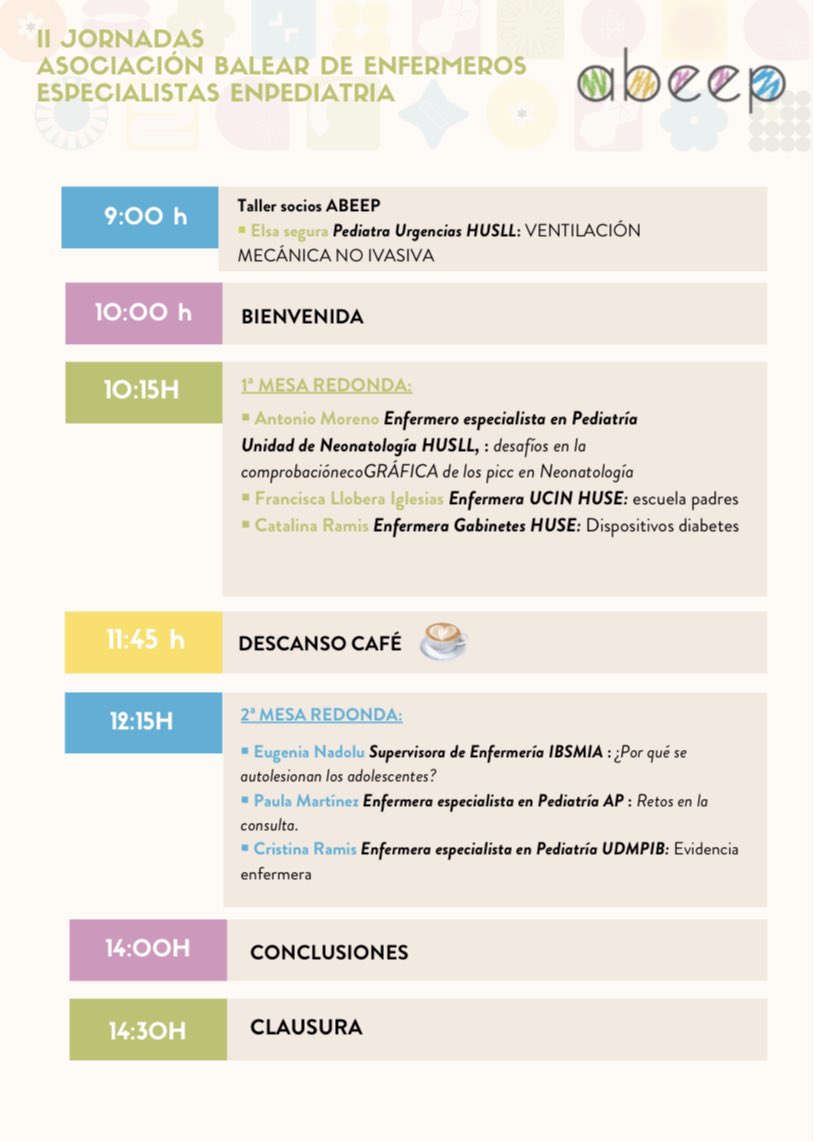 SonLlatzer's tweet photo. No et perdis les II Jornades de l'Asociación Balear de Enfermeros Especialistas en Pediatría 
🗓️21 febrer
📍H.U. Son Llàtzer
🖊️Sota inscripció prèvia (gratuïta)
➕info i inscripcions https://t.co/rsozQ4BCAq
Organitzen: @ABEEPBaleares @coiba1 i @SonLlatzer https://t.co/Yt7yQiaMJy
