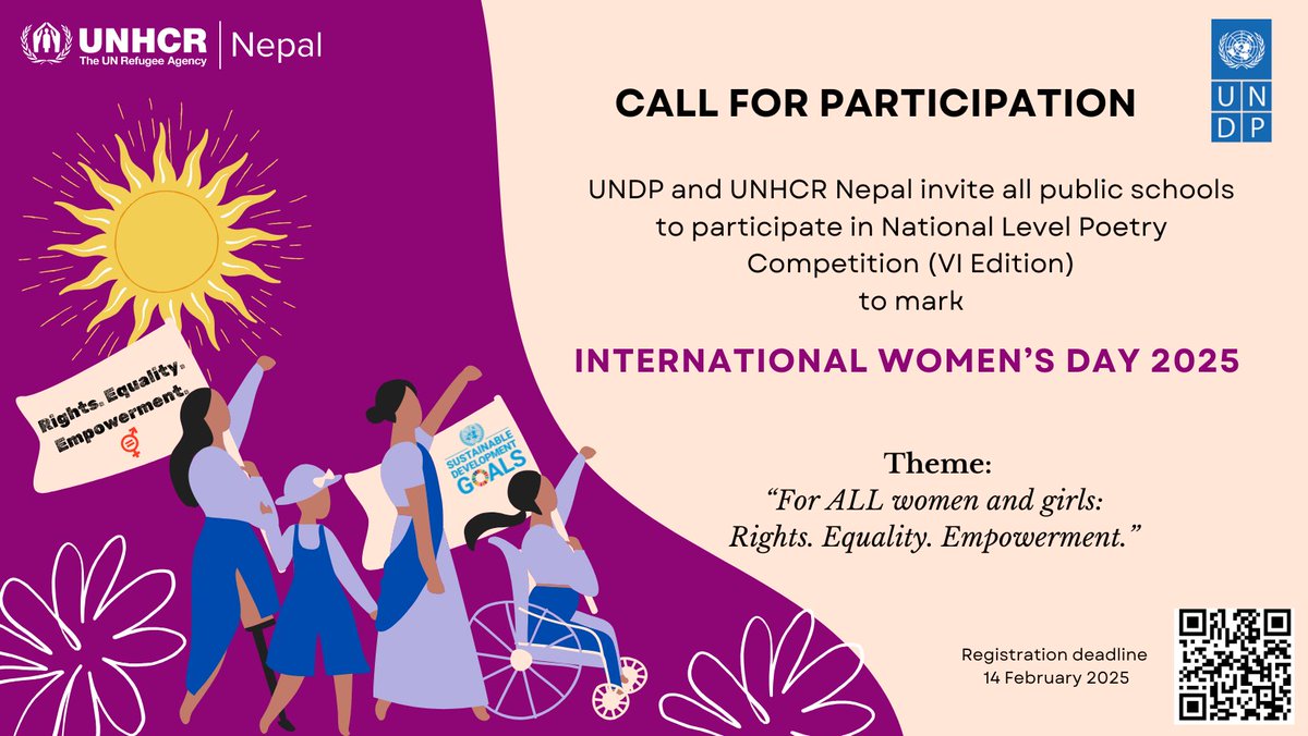 UNDPNepal's tweet image. युवा कविहरूलाई #IWD2025 का लागि निमन्त्रणा!🌟

UNDP र UNHCR द्वारा आयोजित कविता प्रतियोगितामा सहभागी बनौँ! 

सबै प्रदेशका सार्वजनिक विद्यालयका विद्यार्थीहरू भाग लिन सक्नेछन्। #GenerationEquality 

🔗दर्ता गर्नुहोस् (फागुन २्): shorturl.at/qp3vK
📃थप: go.undp.org/iwd