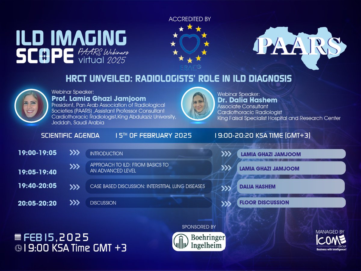Join us for an insightful session: "HRCT Unveiled: Radiologists' Role in ILD Diagnosis
Check the agenda &amp; register now to Earn CME Credits
For Registration: bit.ly/414fU2g

📅15th February 2025
⏱19:00 - 20:20 KSA Time (GMT+3)

#PAARS2025 #radiology #radiologist