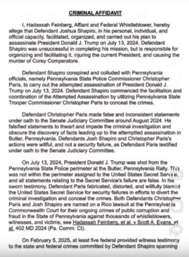 🔥🚨MASSIVE BREAKING NEWS🚨🔥

Pennsylvania Governor Josh Shapiro has been accused, in a Whistleblower’s Criminal Complaint, of FACILITATING the ASS*SSINATION ATTEMPT on President Donald Trump on July 13, 2024 in Butler, Pennsylvania.

This is a MUST READ ⬇️⬇️⬇️