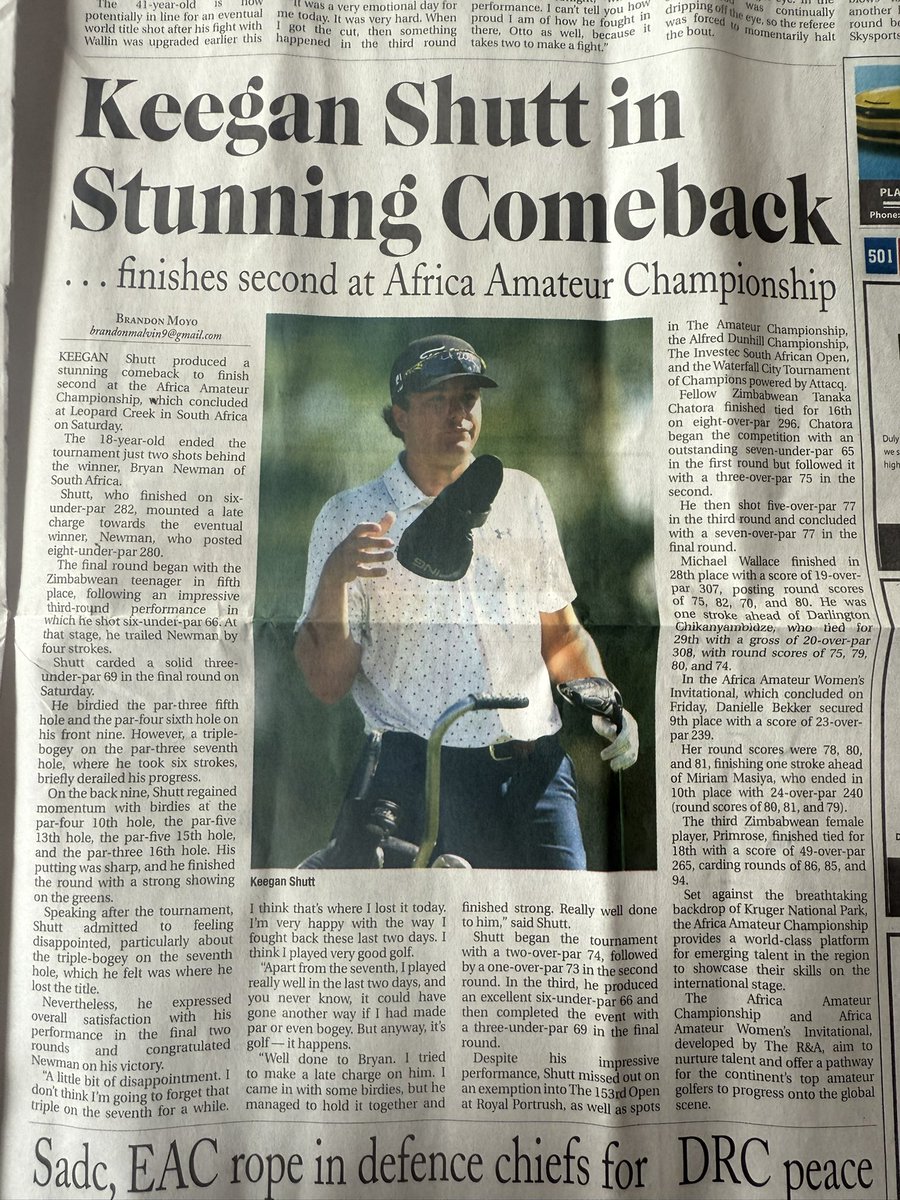 DavidColtart's tweet photo. Congratulations to Zimbabwe’s Keegan Shutt for his 2nd place finish in the Africa Amateur Championship which ended at Leopard Creek in South Africa on Saturday.

This is a superlative performance and it is deeply heartening to know that a new generation of world class golfers are coming up through the ranks.