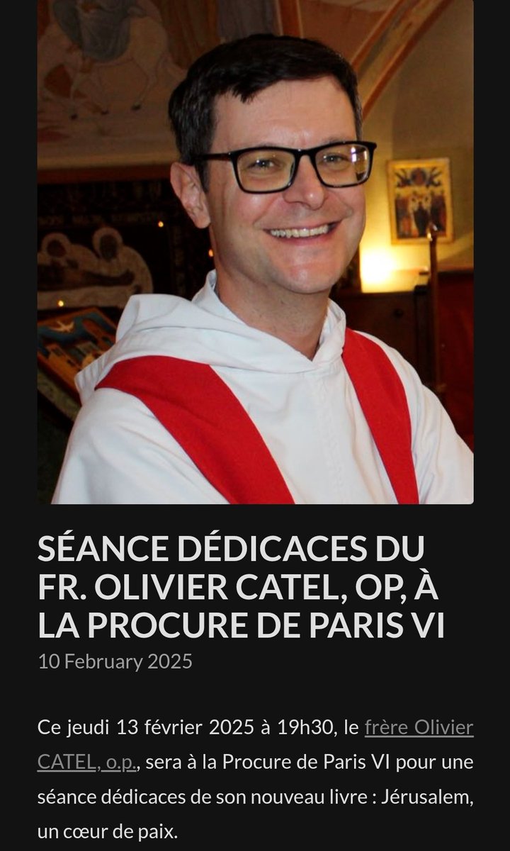 EBAFJerusalem's tweet photo. ➡️ Ce jeudi 13 février, à 19h30 à la Procure de Paris VI, séance dédicaces du frère Olivier Catel pour son nouveau livre : Jérusalem, un cœur de paix.

#paris #procure #ebaf #jerusalem #peace https://t.co/JHsDoKmWaQ