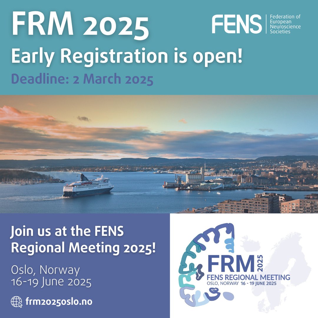 FENS (@fensorg) on Twitter photo 🌟 Early registration is OPEN!
From 16-19 June 2025, the global #neuroscience community will meet in Oslo for the #FENS Regional Meeting (<a href="/FRM2025Oslo/">FENS Regional Meeting Oslo 2025 June 16-19</a>). 🧠
Thinking of joining? 👀
🗓️ Register by 2 March 2025 to get a reduced fee!
🔗 loom.ly/EJCwzwc
#FRM2025 🌟 Early registration is OPEN!
From 16-19 June 2025, the global #neuroscience community will meet in Oslo for the #FENS Regional Meeting (<a href="/FRM2025Oslo/">FENS Regional Meeting Oslo 2025 June 16-19</a>). 🧠
Thinking of joining? 👀
🗓️ Register by 2 March 2025 to get a reduced fee!
🔗 loom.ly/EJCwzwc
#FRM2025