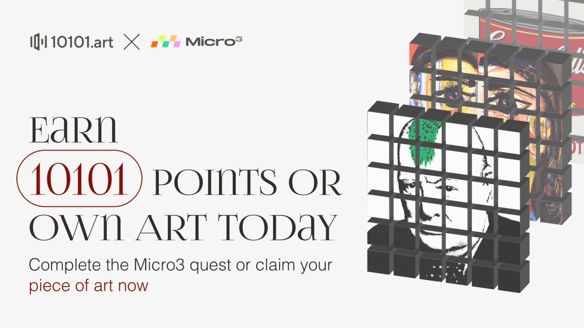 10101_art's tweet photo. Step into a new era of art ownership with @10101_art — where fine art becomes a living part of your story

Imagine owning a piece by Picasso, Warhol, or Banksy — not merely as a collectible, but as a legacy enriched by technology and emotion.

Not ready to buy? No worries:

1️⃣ Complete quests on https://t.co/euYsGdZ6xS
2️⃣ Earn 10101 points
3️⃣ Redeem them for exclusive rewards

True exclusivity is about meaning. 

Real art, real ownership, real rewards – and now, they can be yours!