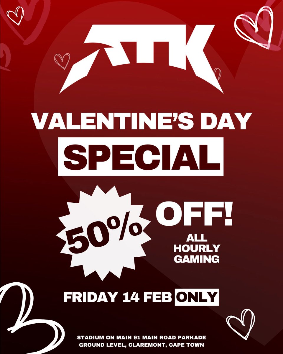 ATK (@atkarena) on Twitter photo No date? No problem! 💘🎮
This Valentine’s Day, ditch the candles and spend the day with your real love—gaming! ❤️ Join us for a solo, duo, or squad session with 50% OFF all hourly gaming for the day!
We’re open from 2PM - 9PM, so pull up and play!
Who needs roses when you have No date? No problem! 💘🎮
This Valentine’s Day, ditch the candles and spend the day with your real love—gaming! ❤️ Join us for a solo, duo, or squad session with 50% OFF all hourly gaming for the day!
We’re open from 2PM - 9PM, so pull up and play!
Who needs roses when you have
