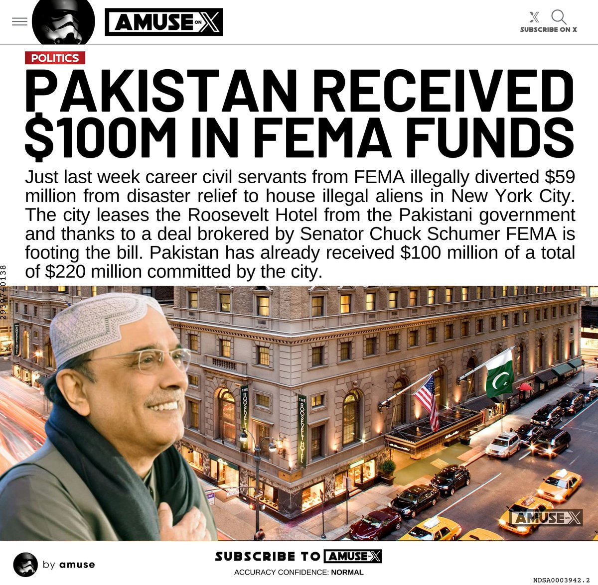 amuse's tweet image. DOGE: Elon&apos;s @doge team discovered FEMA employees illegally sent $59 million last week (in violation of Trump&apos;s EO) to house illegal aliens in New York. Perhaps more shockingly, the money went to Pakistan thanks to a deal brokered by Sen Schumer. The Roosevelt Hotel is owned by…