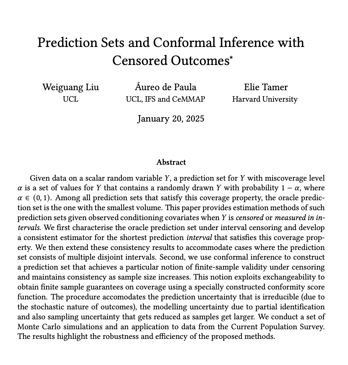 Aureo de Paula (@paulaaureo) on Twitter photo 📢 I have a new paper on “Prediction Sets and Conformal Inference with Censored Outcomes” with the great <a href="/lwg342/">Weiguang Liu</a> and <a href="/elie_tamer/">Elie Tamer</a>. Prediction Sets and Conformal… what? I know, I know! Here comes a (very) short 🧵on what we do. <a href="/EconUCL/">UCL Economics</a> <a href="/TheIFS/">Institute for Fiscal Studies</a> 1/5 📢 I have a new paper on “Prediction Sets and Conformal Inference with Censored Outcomes” with the great <a href="/lwg342/">Weiguang Liu</a> and <a href="/elie_tamer/">Elie Tamer</a>. Prediction Sets and Conformal… what? I know, I know! Here comes a (very) short 🧵on what we do. <a href="/EconUCL/">UCL Economics</a> <a href="/TheIFS/">Institute for Fiscal Studies</a> 1/5