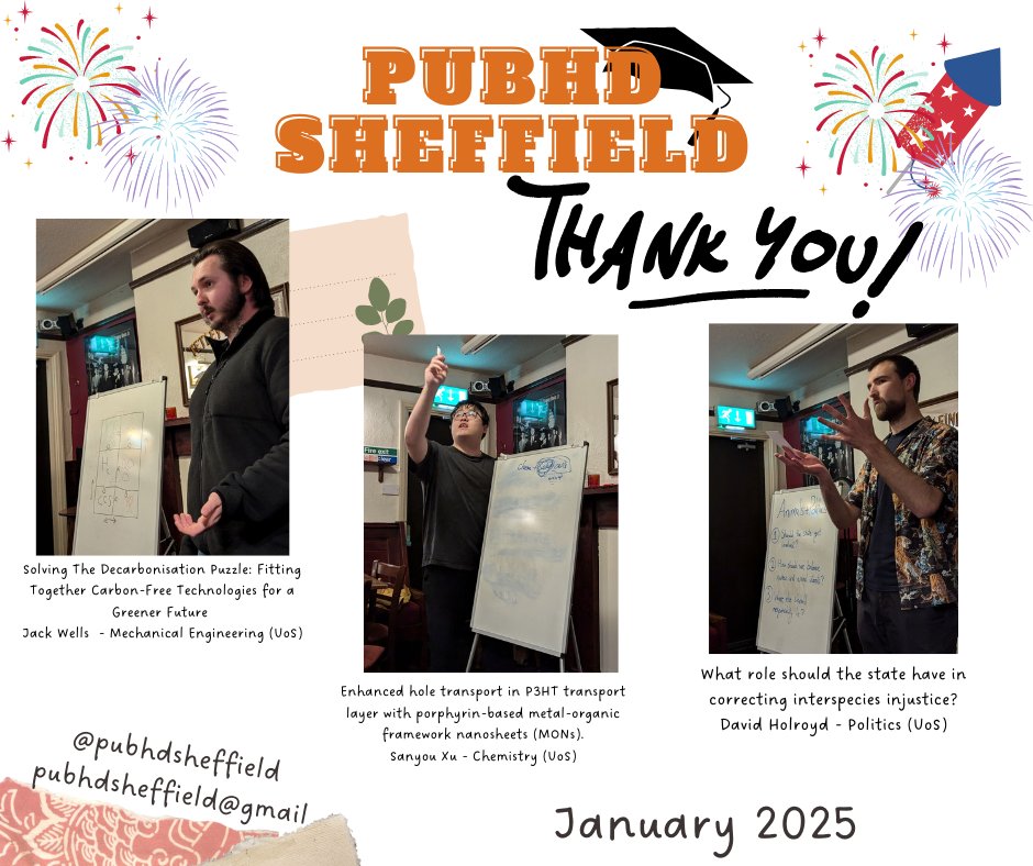 Yet another fantastic PubhD event thanks to our speakers Jack, Sanyou, and David!👏

This was a very engaging session, dabbling in insterspecies politics, decarbonisation, and solar cell tech!
 ----
Interested in getting involved?
 linktr.ee/pubhdsheffield

#pubhd #pubhdsheffield