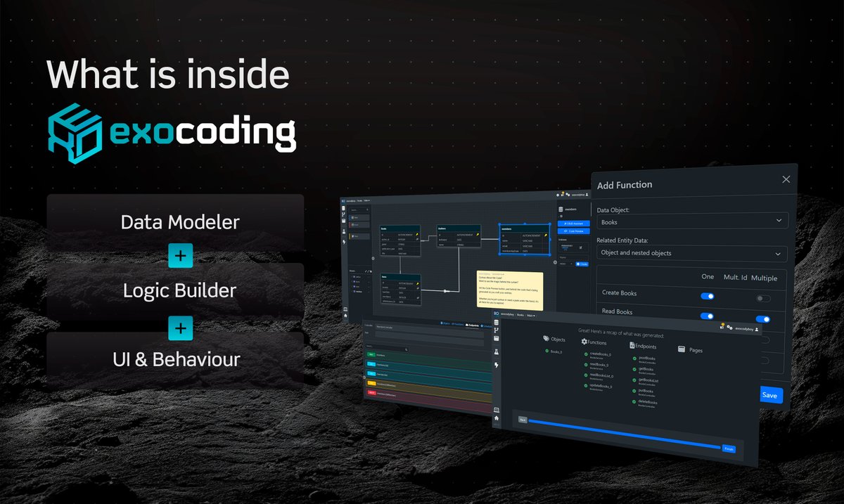 ExoCoding's tweet image. What&apos;s inside Exocoding? Basically, a developer’s dream:

Data Modeler – So you stop naming everything data_final_v2_real_FINAL.sql
Logic Builder – Because debugging spaghetti code is not a personality trait
UI &amp;amp; Behavior – Make it work and look good (yes, both are possible)…