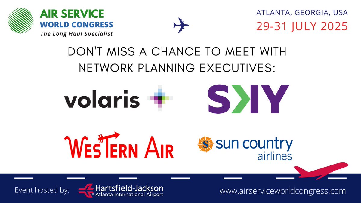 AIRLINE_2024's tweet photo. Don't miss a chance to meet with Network Planning Executives at the Air Service World Congress, 29-31 July 2025 in Atlanta, Georgia, USA 🛫

#Atlanta #Georgia #USA #AirServiceDevelopment #RouteDevelopment #Aviation #Event #Travel #Business #Airlines #Airports https://t.co/lcJjTxeoUM