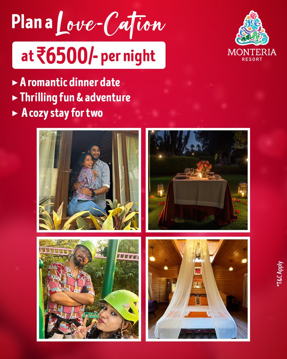 MKhalapur's tweet photo. A dreamy Valentine’s escape that's high on love, easy on the wallet! 💖

A love-filled escape starting at ₹6500 for two (Offer valid for Min. 2-night stay), T&amp;C Apply.

📍 #MonteriaResort, near Karjat.

📞 9594801207 / 9076423126
#AdventureResort https://t.co/cJkar0myvK