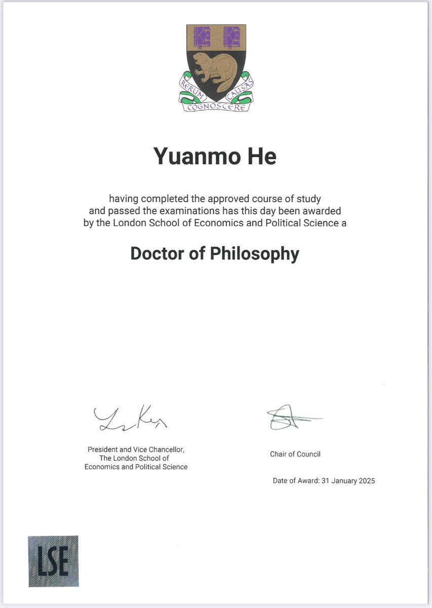 YuanmoHe's tweet photo. I got my PhD Degree Certificate recently, so now I am really officially Dr Yuanmo He! https://t.co/ku5yp1roFz