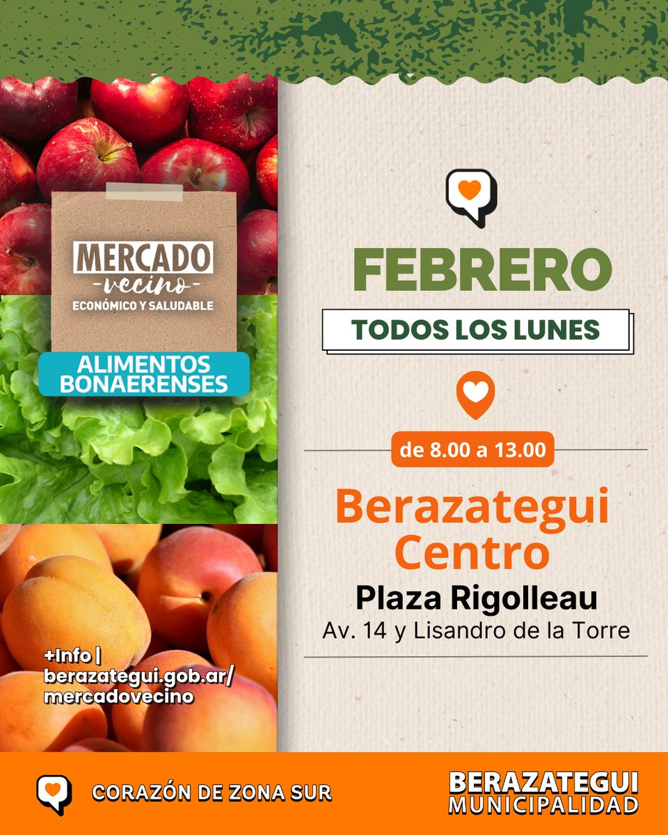MuniBerazategui's tweet image. ¡ACERCATE A #MERCADOVECINO! 🍎🍌🥦🥔 

➡️ Todos los lunes en la Plaza Rigolleau (Av. 14 y Lisandro de la Torre). Y los sábados, en la Plaza Pato Ganso (calle 529 y 630, #ElPato).
➡️  De 8.00 a 13.00.  

#Berazategui #BerazateguiCorazónDeZonaSur