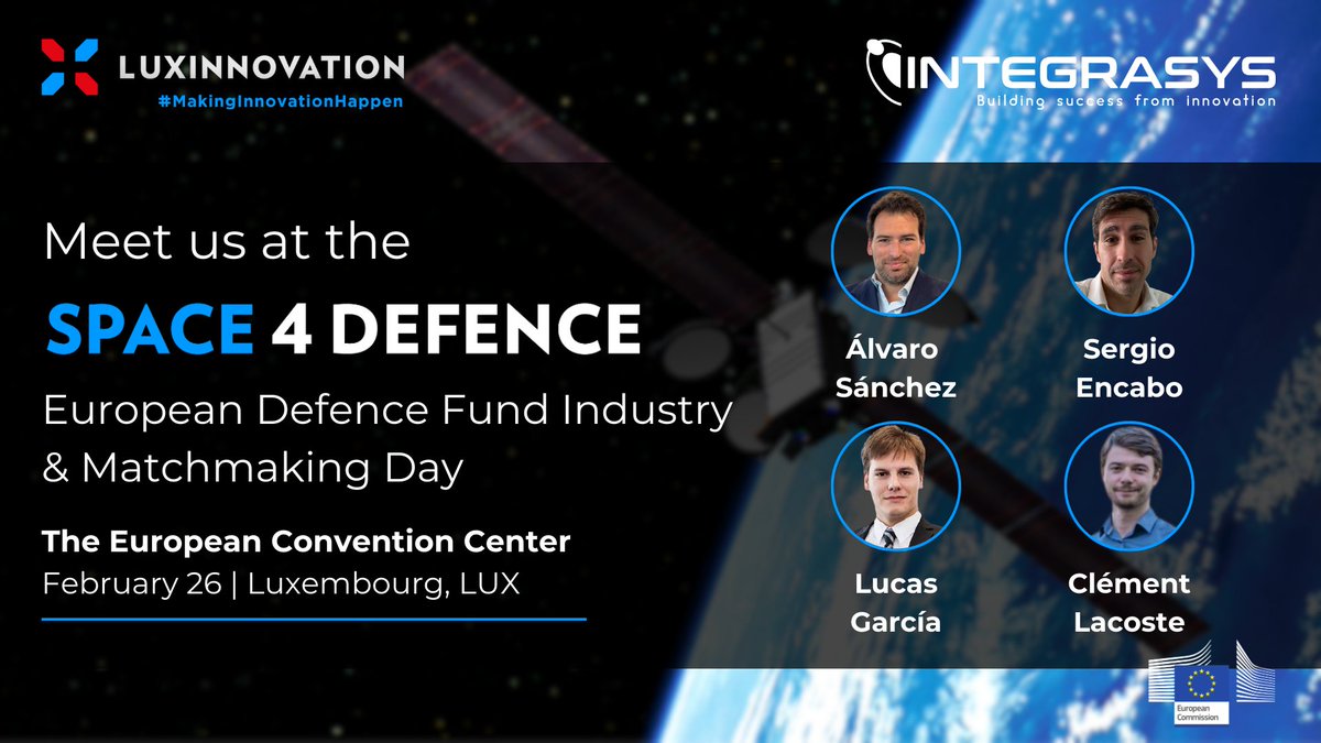 IntegrasysSA's tweet image. 🔒 Join our team members at the #SPACE4DEFENCE event in Luxembourg on February 26 to explore tech in defense and enjoy key discussions around innovative satellite solutions! 🌍🛰️ 
📍 The European Convention Center Luxembourg
#INTEGRASYS #SatelliteTechnology #DefenseInnovation