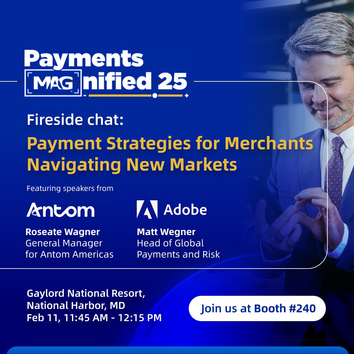 antompayments's tweet photo. 🚀 Antom is heading to Payments MAGnified 2025 at Gaylord National Resort, MD!
Join us at Booth #240 & don’t miss our fireside chat:
🔥 Breaking Borders: Payments Strategies
🗣 Roseate Wagner (Antom) & Matt Wegner (@Adobe)
📅 Feb 11, 11:45 AM
#Antom #Fintech #Payments https://t.co/HJmA6uZqV1