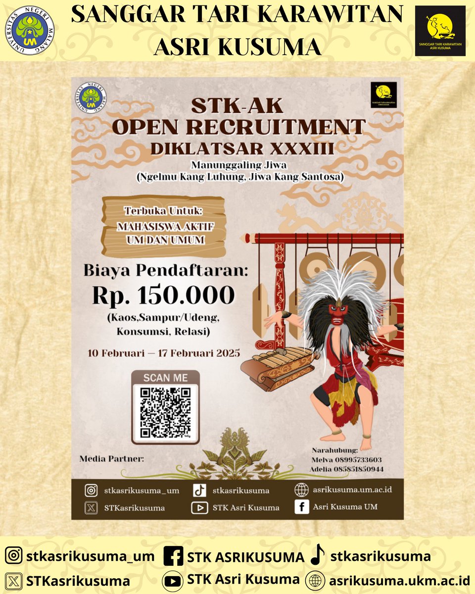 STK-AK OPEN RECRIUTMENT ‼️

bit.ly/PendaftaranDik…

#ukmstkak #selagimauselagibersama
#UniversitasNegeriMalang #UM #mahasiswaum #stkasrikusuma #infoum