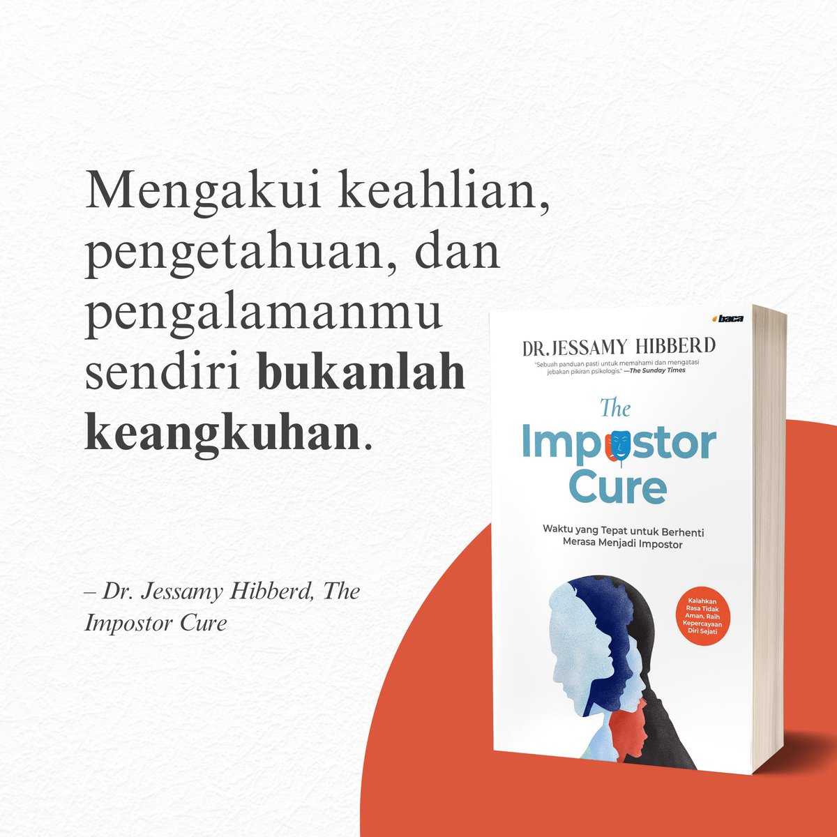 penerbitbaca's tweet photo. Pernahkah kamu berpikir bahwa pencapaian yang kamu raih hanya berkat keberuntungan semata? Apakah kamu khawatir suatu hari akan tertangkap basah tidak mempunyai kompetensi yang layak? Hati-hati, bisa jadi itu sindrom impostor.

Sindrom impostor adalah suatu kondisi ketika seseorang merasa tidak layak untuk sukses dan selalu meragukan kecerdasan, keterampilan, dan kemampuannya sendiri. Berdasarkan studi, 70 persen orang pernah merasakan sindrom impostor dengan kadar tertentu—mungkin kamu salah satunya. Sindrom ini muncul akibat ketegangan antara pandangan dirimu dan apa yang kamu percayai sebagai harapan orang lain terhadapmu. 

Tenang, kamu tidak sendirian. Ketakutan yang kamu rasakan juga menjadi sumber ketidaknyamanan jutaan orang lainnya. Karena sindrom impostor bisa menyebabkan kesulitan menikmati hidup, kamu perlu menyelami setiap halaman The Impostor Cure.

Dengan panduan dari Dr. Jessamy Hibberd—psikolog klinis dengan pengalaman lebih dari 15 tahun—temukanlah saran-saran yang menggugah untuk menghidupkan kembali kepercayaan dirimu. Pelajarilah studi kasus yang disajikan untuk memahami cara sindrom impostor menguasai pikiran. Terakhir, mulailah mengatur strategi untuk lebih menghargai diri sendiri.

Ingat, kalaupun kamu khawatir jangan-jangan dirimu memiliki sindrom impostor, bukan berarti kamu benar-benar impostor. Perasaanmu bukanlah fakta.
________________

Buat kamu yang tertarik dengan buku "The Impostor Cure" kamu bisa ikut pre-order bukunya dengan klik link di bio ya 🙌