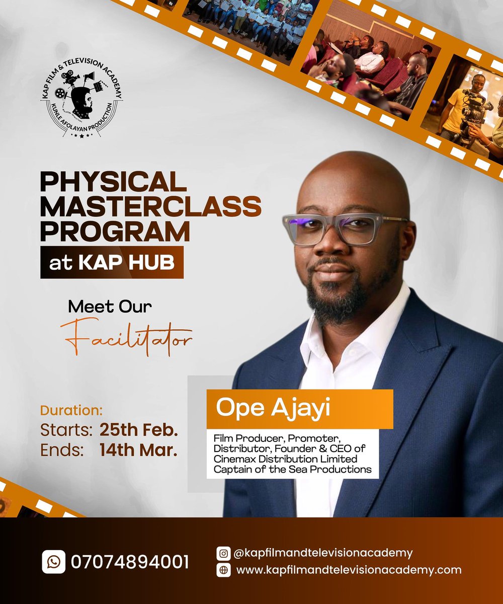 kapfilmacademy's tweet photo. Ope Ajayi, Founder/CEO of Cinemax, will facilitate the Business of Film course at our Physical Masterclass Program!

Don't miss this chance to learn from the best, starting February 25th!

Enroll now and enjoy:

Hands-on filmmaking training
Practical projects
Lunch https://t.co/vYxX7tQRrF
