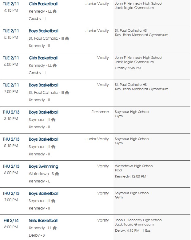 This Week's Athletic Schedule: