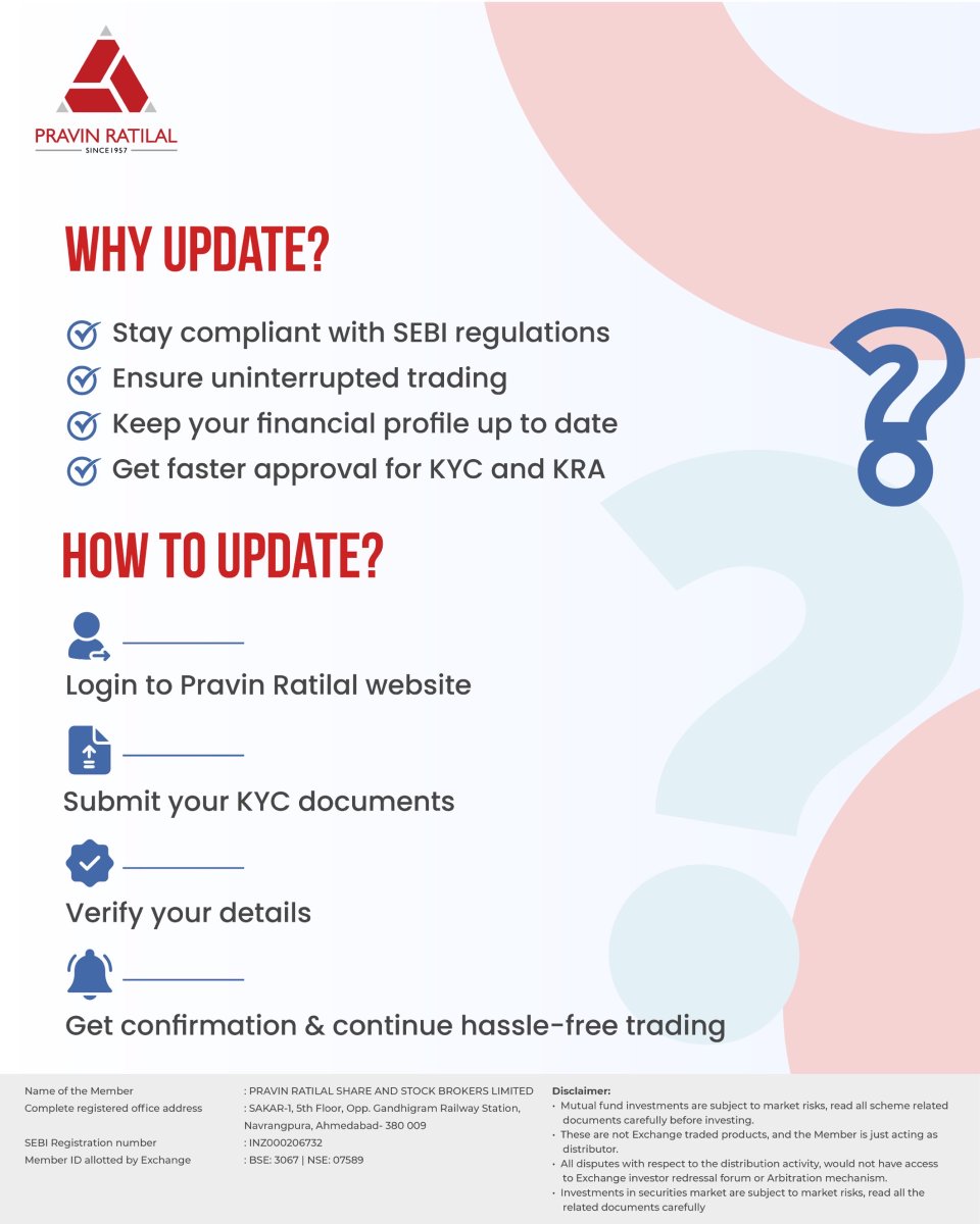 pravinratilal_'s tweet photo. RE-KYC Made Simple!
Keep your KYC updated for seamless trading &amp; hassle-free investments. ✅ Stay SEBI compliant ✅ Avoid trading interruptions ✅ Keep your financial profile up to date.

Secure your investments today! 

#PravinRatilal #REKYC #SmartInvesting #TradingMadeEasy https://t.co/7fJlxRDnoh