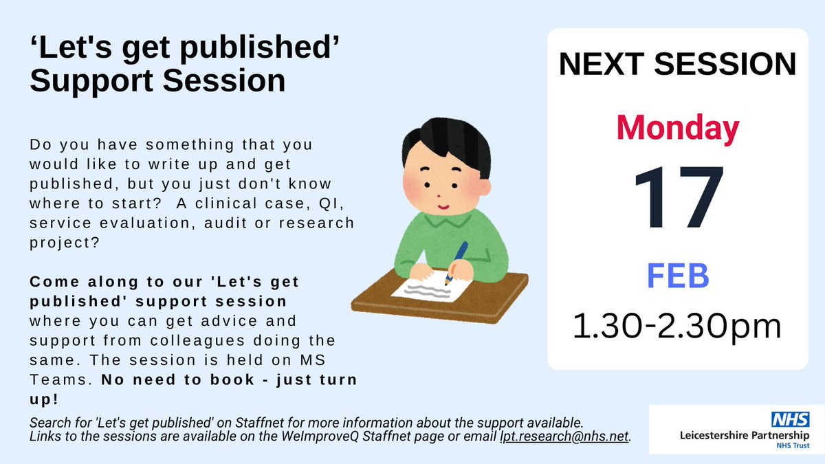 Sarah Baillon (@sarahbaillon) on Twitter photo Would you like some help to write up a piece of work for publishing as an article in a newsletter or journal? Come along to this informal peer support group for help and advice on how to start. <a href="/LPTnhs/">Leicestershire Partnership NHS Trust</a> <a href="/LPTresearch/">LPT Research Team</a> <a href="/LPTNMAHPPres/">LPT Centre for Clinical Academic NMAHPP Research</a> Would you like some help to write up a piece of work for publishing as an article in a newsletter or journal? Come along to this informal peer support group for help and advice on how to start. <a href="/LPTnhs/">Leicestershire Partnership NHS Trust</a> <a href="/LPTresearch/">LPT Research Team</a> <a href="/LPTNMAHPPres/">LPT Centre for Clinical Academic NMAHPP Research</a>